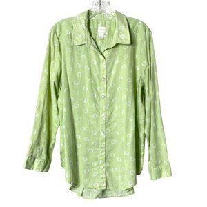 Chicos Green Linen Blend Button-Down Shirt Women's 3/XL White Polka Dot Print
